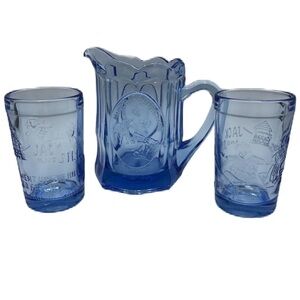 Vintage Tiara Blue Glass Pitcher and 2 Glass Set Jack and Jill Nursery Rhymes